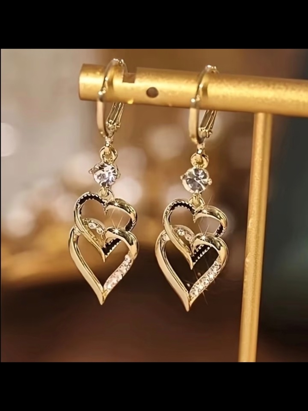 Elegant Gold Double Heart Drop Earrings with Crystals - Women Jewelry